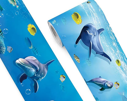 FLFK Peel and Stick Wallpaper Border Wall Decals for Kids Room - Under The Sea Fish Stickers Murals, 9" x 240" (Blue)