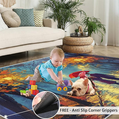 London Streets Washable Rugs 6x9 Rug for Living Room, Rainy Night Oil Painting 6x9 Rug Autumn Landscape Low-Pile Carpet for Bedroom Dining Non Slip Mat with Rubber Back