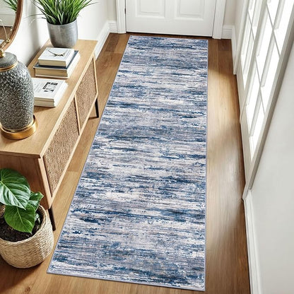 2.6x8 Modern Abstract Runner Rug for Hallways, Navy Blue Gray Neutral Multi Super Soft Hallway Decor Kitchen Rugs with Non-Slip, Non-Shedding Washable Rug for Entryway Bedroom Indoor