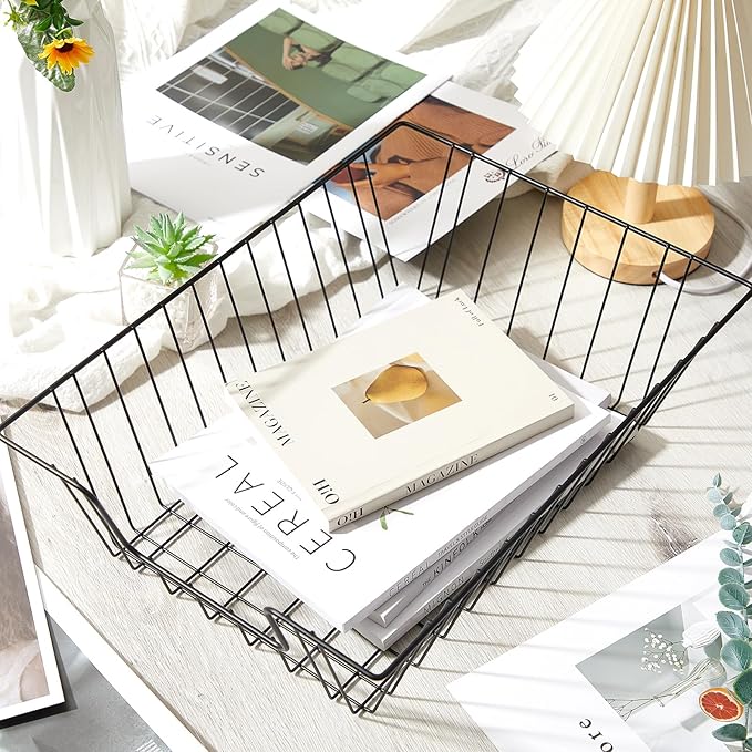 Yeaqee 3 Pcs Letter Tray Wire Paper Trays Stackable File Desk Organizer Metal File Paper Holder Basket for Desk Desktop Letter Storage for Office Home Classroom School (Black,14'' X 10'' X 3'')