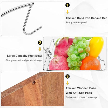 Livabber Countertop Fruit Basket Bowl with Banana Hanger, Modern Standing Fruit Vegetable Bowl Storage, with Banana Tree Holder for Kitchen Dinning Table (Square Wood, Chrome)
