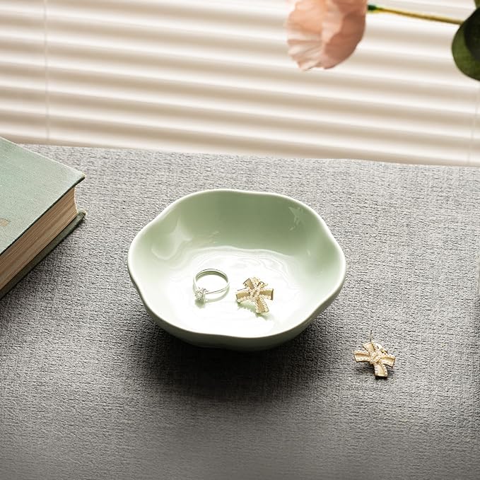 Ceramic Jewelry Tray Ring Holder Dish Floral Trinket Bowl for Women Girls Jewelry Organizer for Vanity Dresser Decor Wedding Birthday Gift for Her (green)