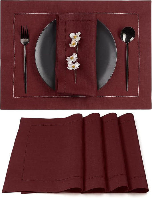 D'Moksha Homes Linen Placemats Set of 4 - Classic Hemstitch Dark Red Placemats 14 x 19 Inch - 100% Pure Linen Table Mats for Valentines, Holiday, New Year - Handcrafted and Machine Washable