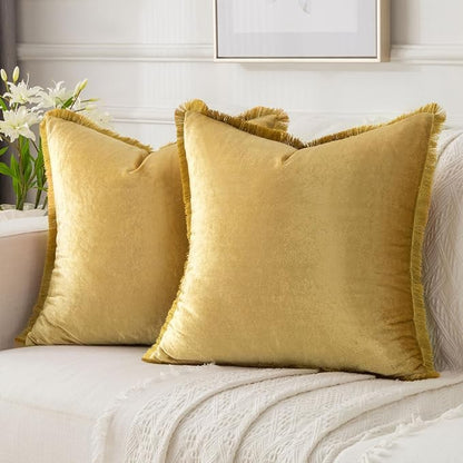 FUTEI Christmas Gold Velvet Decorative Throw Pillow Covers 22x22 Set of 2,Soft Cozy Edge with Tassels Cushion Case,Boho Modern Home Decor for Couch Bed Living Room
