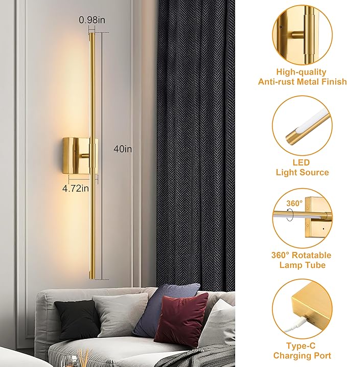 Gold Battery Operated Wall Sconces, Dimmable Wall Sconces with Remote Control, Rechargeable Sconces Wall Lighting, 40″ LED Wireless Wall Lights for Bedroom, Living Room, Bathroom
