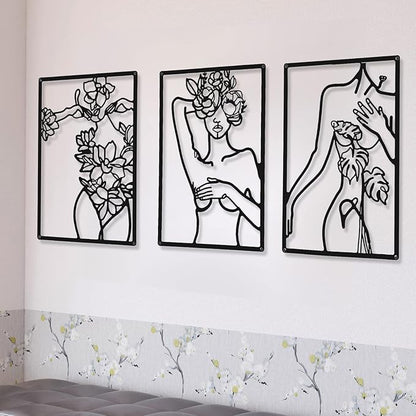 CHENGU 3 Pieces Metal Minimalist Abstract Woman Wall Art Line Drawing Wall Art Decor Single Line Female Home Hanging for Kitchen Bathroom Living Room