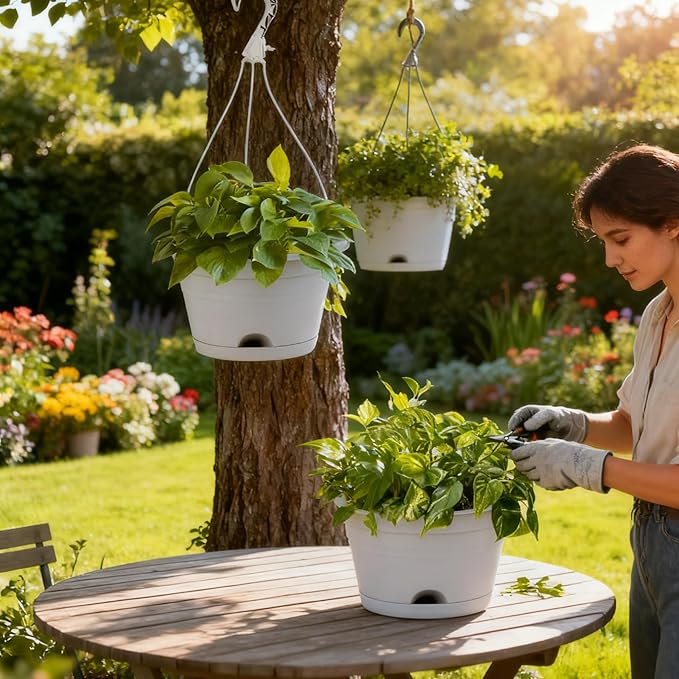 4 Pack Hanging Planters, 10 Inch Hanging Plant Pot with Hanger Chain & Drainage Trays, Hanging Baskets for Plants Outdoor Indoor, Flowers Pots for Home, Garden, Porch Decor (Grey)