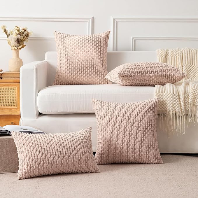 Kevin Textile Pack of 2 Corduroy Decorative Throw Pillow Covers 12x20 Inch Valentine' s Day Soft Boho Striped Pillow Covers Modern Home Decor Gifts for Spring Sofa Living Room Couch Bed Light Pink