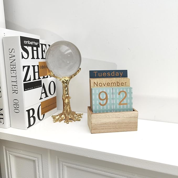 Wooden Perpetual Calendar for Desk, Metal Wood Month Date Display for Teachers, Students, Classroom, Rustic Farmhouse Office Decor, Desk Accessories (Snowflake printed)