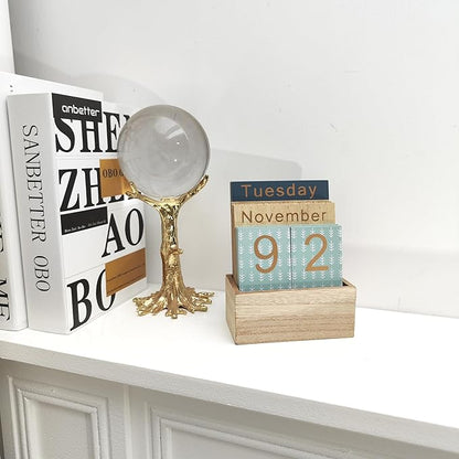 Wooden Perpetual Calendar for Desk, Metal Wood Month Date Display for Teachers, Students, Classroom, Rustic Farmhouse Office Decor, Desk Accessories (Snowflake printed)