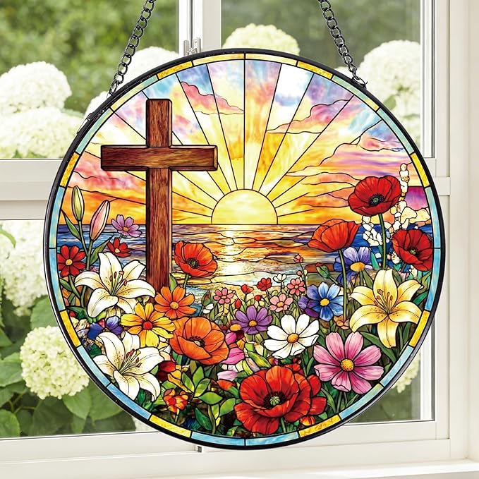 Rngmsi Cross Stained Glass Window Hanging, 8 Inch Wildflower Sunset Sun Catcher Gift, Religious Easter Faith Christian Gifts for Wall Art Landscape Hanging Home Decor
