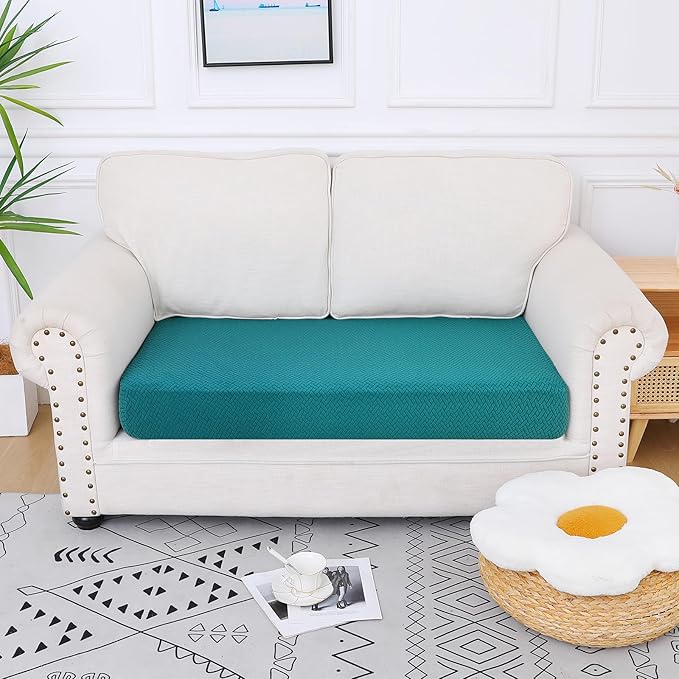 Smiry Waterproof Couch Cushion Covers, Stretch Jacquard Thick Sofa Cushion Covers, Washable Seat Slipcover Elastic Furniture Protector for Pets, Kid (Medium, Peacock Green)