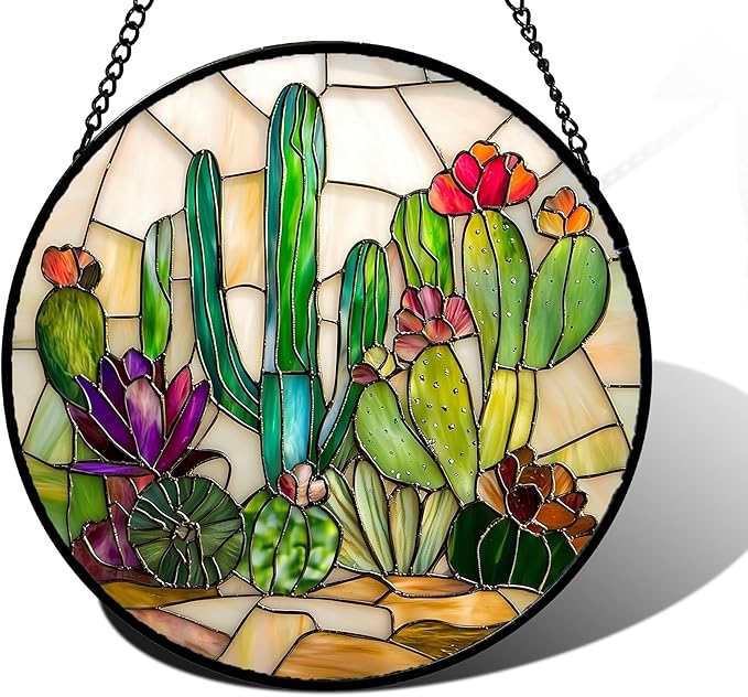 DASTOLL Stained Glass Window Hanging, White Green Cactus Suncatcher Diamond Glass Panel Hangings Sun Catchers Decor for Birthday for Women, Men, Wife, Aunt, and Mom 11.8x11.8 in