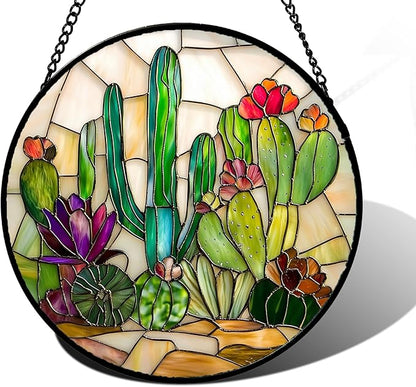 DASTOLL Stained Glass Window Hanging, White Green Cactus Suncatcher Diamond Glass Panel Hangings Sun Catchers Decor for Birthday for Women, Men, Wife, Aunt, and Mom 11.8x11.8 in