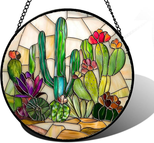 DASTOLL Stained Glass Window Hanging, White Green Cactus Suncatcher Diamond Glass Panel Hangings Sun Catchers Decor for Birthday for Women, Men, Wife, Aunt, and Mom 11.8x11.8 in