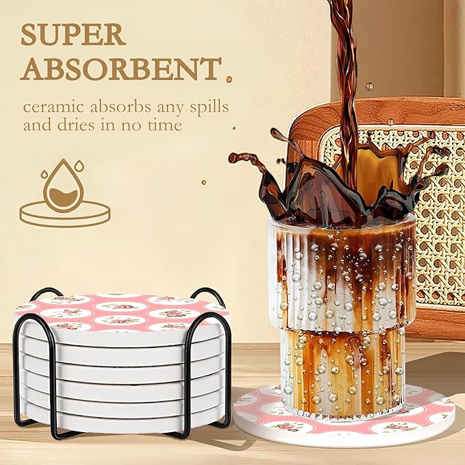 Drink Coasters,6 Pcs Shabby Chic Flower Coffee Cup Mat with Storage Holder, Durable Ceramic Coaster Set for Hot & Cold Beverages