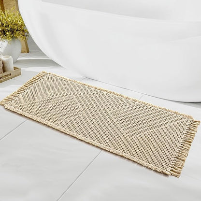 H.VERSAILTEX Waffle Bath Runner Rug Long Bath Mat Super Absorbent Boho Bath Rugs Non Slip Bath Runner for Bathroom Floor Machine Washable Dry Fast Bathroom Rugs with Tassels, 24" x 60", Sand