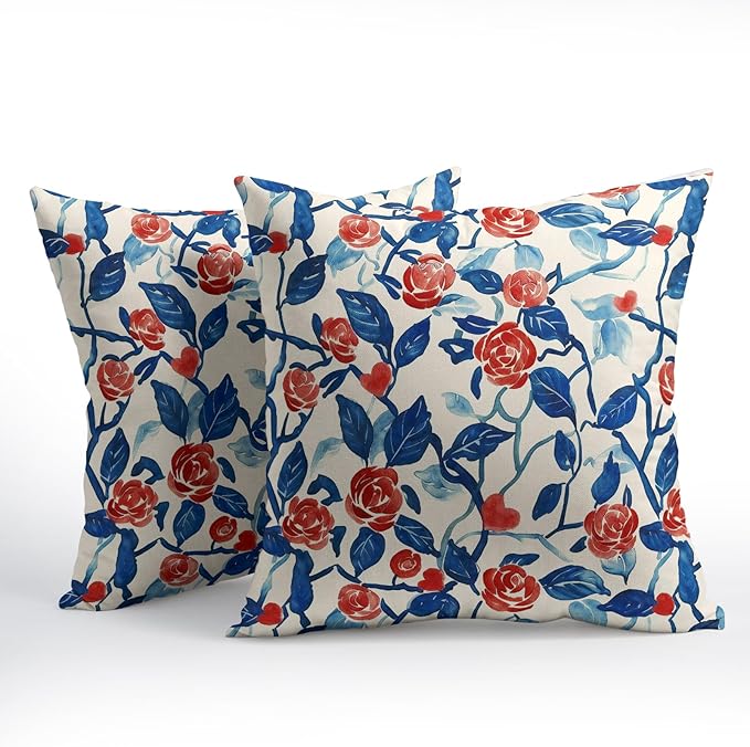Valentines Day Pillow Covers 20x20 Set of 2 Blue Red Floral Throw Pillow Covers Flower Pillowcase Linen Decoration Farmhouse Holiday Cozy Soft Cushion Case Couch for Indoor Outdoor Home Decor