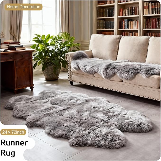 Grey Faux Fur Sheepskin Area Rug for Living Room Bedroom, 6 x 6 Feet Ultra Soft Shaggy Fuzzy Furry Carpet Chair Throw Large Rugs for Kids, Girls, Nursery Room Decor Dorms