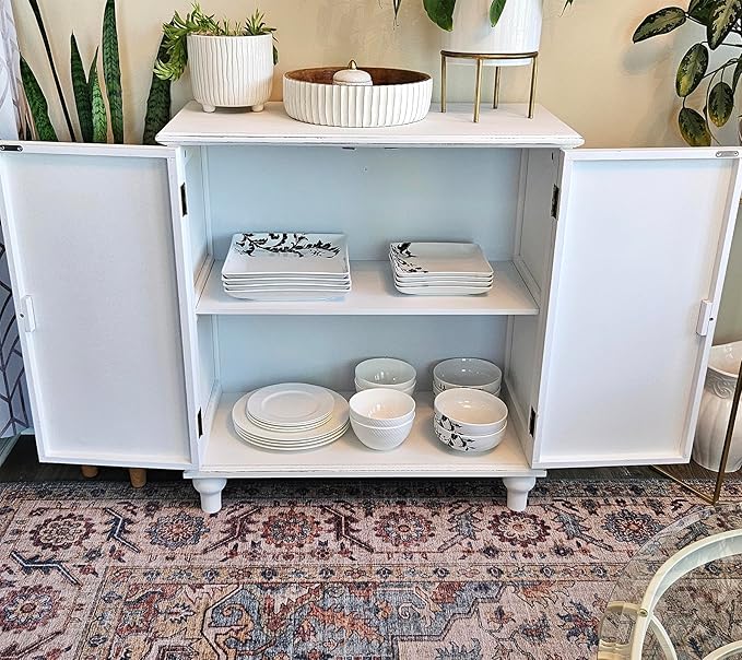 MAISON ARTS White Accent Cabinet with 2 Doors, Farmhouse Distressed Storage Cabinet w/Solid Wood Legs for Living Room Entryway, Kitchen Sideboard Buffet Cabinet, Feather Pattern