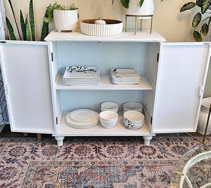 MAISON ARTS White Accent Cabinet with 2 Doors, Farmhouse Distressed Storage Cabinet w/Solid Wood Legs for Living Room Entryway, Kitchen Sideboard Buffet Cabinet, Feather Pattern