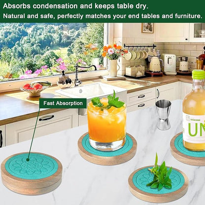 Wood Coasters for Drinks, Minacun Absorbent Coaster Sets of 5, Drinks Coasters for Coffee Tabletop Protection, Non-Slip, Non-Stick, Suitable for Kinds of Cups Wooden Table Drink, 4.3 Inches Lake Blue