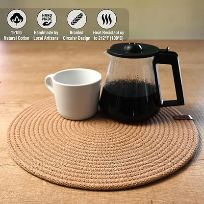 Round Placemats, Set of 6, Handmade by Braided Cotton Cord for Kitchen and Dining Table, Dia. 12.6 Inch, Doublesided, Heat Resistant, Off-White/Cappuccino