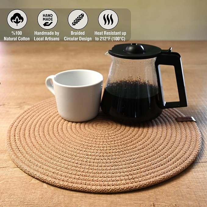 Round Placemats, Set of 4, Handmade by Braided Cotton Cord for Kitchen and Dining Table, Dia. 12.6 Inch, Doublesided, Heat Resistant, Off-White/Cappuccino