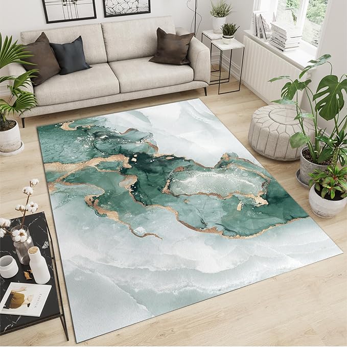 Nordic Luxury Green Gold Marble Area Rug, Marble Painting Ombre Emerald Green Print Large Rugs, Machine Washable Breathable Durable Carpet for Front Entrance Floor Living Room Decor,6 x 8ft