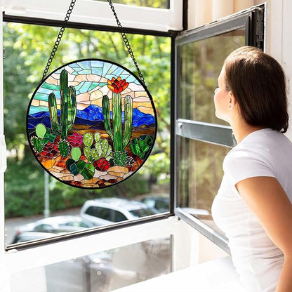 DASTOLL Stained Glass Window Hanging, Green Cactus Suncatcher for Doors Window Home Plant Landscape Sun Catchers Decoration Mother's Day Birthday Gifts for Women, Men, and Mom 9.8 in