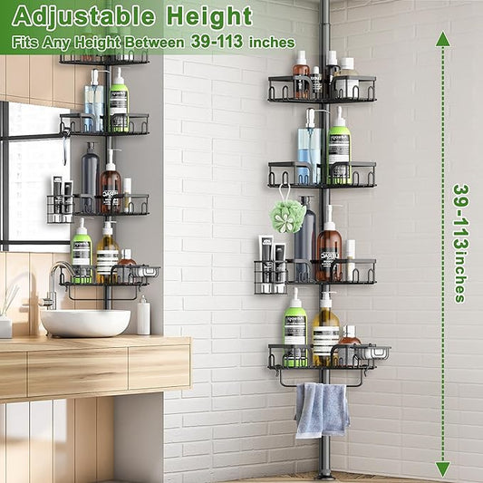 Corner Shower Caddy Tension Pole 4 Tier Adjustable Stainless Steel Shower Shelf for Inside Shower Bathtub Shampoo,Standing Bathroom Organizer Shelves with 39 to 113 inch Height