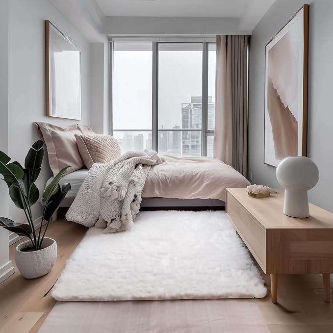 Super Area Rugs 3x5 White Faux Fur Shag Rug for Bedroom, Living Room - Silky Soft Shag Rug, Glam Modern Fluffy Carpet