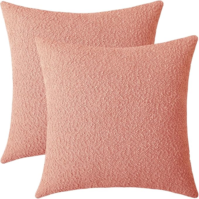 Jeneoo Coral Pink Decorative Square Thick Throw Pillow Covers Fine Textured Boucle Couch Cushion Cases for Sofa Decor, Set of 2, 18 x 18 Inch
