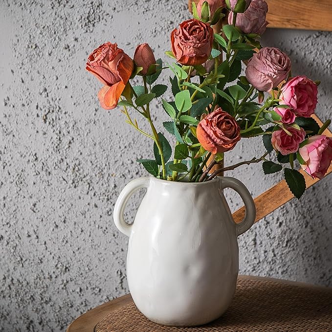 Kimdio White Ceramic Vase with 2 Handles, Modern Farmhouse Vases for Home Decor, Rustic Pottery Vase, Decorative Terracotta Flower Vase, Clay Small Vase, Centerpieces for Dining Table