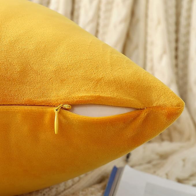 Jeneoo Comfy Soft Thick Velvet Throw Pillow Cases for Sofa Couch, Decorative Solid Square Cushion Covers for Bedroom Car (Golden Yellow, 20 x 20 Inches, 2 Pieces)