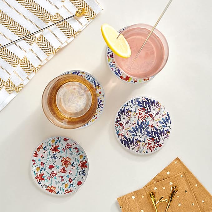 AD Set of 6 Coasters for Drinks Absorbing Round Ceramic Stone Coaster with Cork Base Tabletop Protection Mat for Mugs and Cups,Office,Kitchen (Watercolor Flowers with Holder)