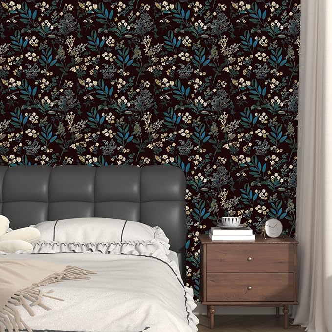 Vintage Green Wallpaper Peel and Stick Dark Floral Wallpaper 17.5'' x 393'' Green Leaf Contact Paper Vinyl Waterproof Self Adhesive Boho Botanical Wall Paper for Bedroom Cabinet Décor