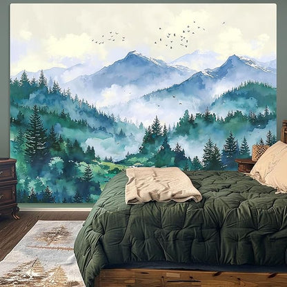 Haibimen Monet Nature Mountain Tapestry Wall Hanging Green Forest Stream Birds Landscape tapestrise for Bedroom Watercolor Aesthetic Wall Decor for Living Room Dorm (forest-3, 80''×60'')