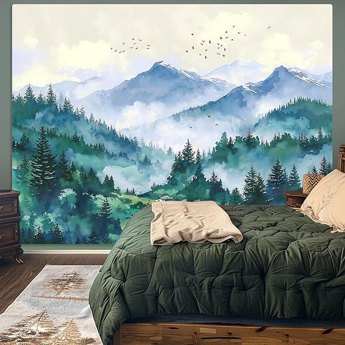 Haibimen Monet Nature Mountain Tapestry Wall Hanging Green Forest Stream Birds Landscape tapestrise for Bedroom Watercolor Aesthetic Wall Decor for Living Room Dorm (forest-3, 60''×44'')