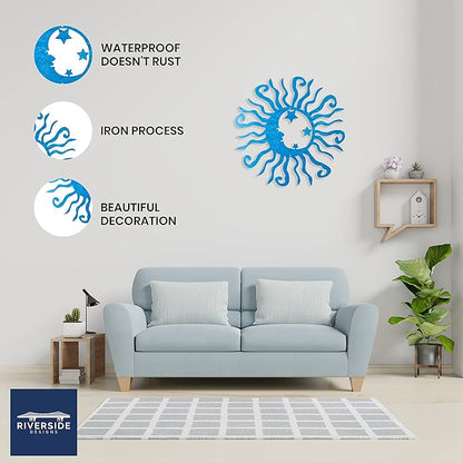 Riverside Designs Wacky Solar Moon Metal Wall Art Steel Outdoor Decor | Heavy-Duty and Waterproof | Made in USA (Teal, 30L x 30W)
