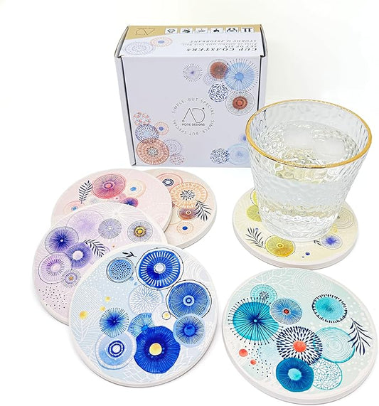 AD Set of 6 Coasters for Drinks Absorbing Round Ceramic Stone Coaster with Cork Base Tabletop Protection Mat for Mugs and Cups,Office,Kitchen (Color Droplets)