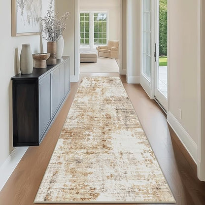 FMFUNCTEX 2x8 Runner Rug Washable Brown Grey Modern Abstract Neutral Non Slip Low Pile Entryway Hallway Soft Indoor Carpet for Kitchen Bedroom Bathroom Laundry Entrance Bedside Living Room, Grey Gold