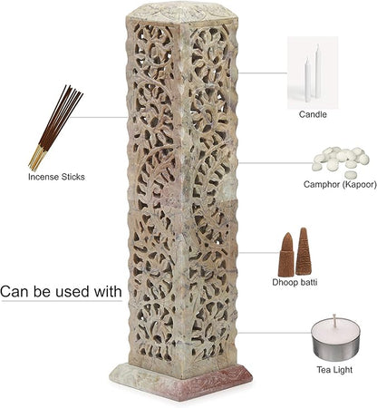 Carry Me Handmade Marble Soapstone Incense Stick Burner | Candle Stick Holder | Tea Light Burner - Perfect Floral Carving for Gifting. Decorative Home and Kitchen Decor (3 x 3 x 11 Inches)