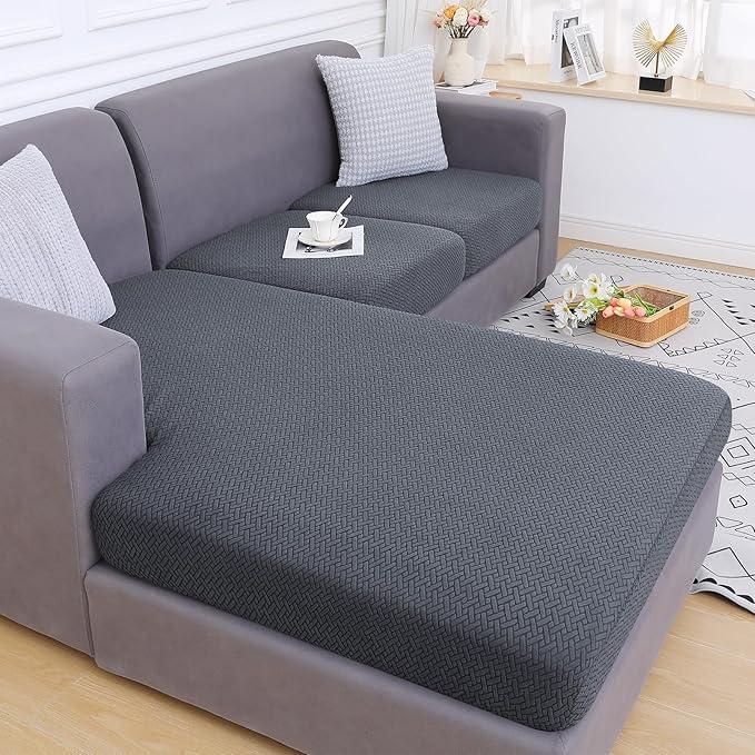 Smiry Waterproof Couch Cushion Covers, Stretch Jacquard Sectional Couch Covers, L Shape Chaise Lounge Sofa Slipcover, Washable Elastic Furniture Protector for Pets, Kid (XL-Chaise Cover, Grey)