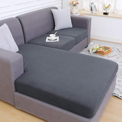 Smiry Waterproof Couch Cushion Covers, Stretch Jacquard Sectional Couch Covers, L Shape Chaise Lounge Sofa Slipcover, Washable Elastic Furniture Protector for Pets, Kid (Chaise Cover, Grey)
