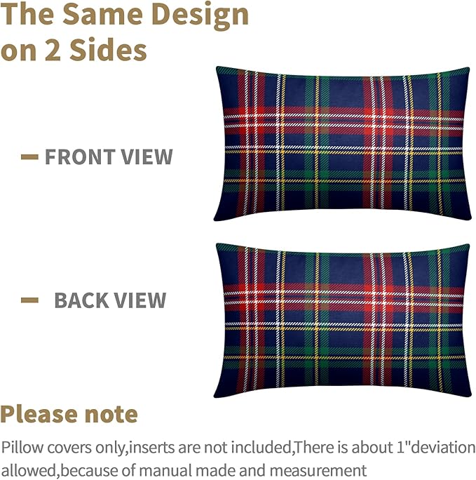 Christmas Tartan Lumbar Pillow Covers 12x20 Set of 2 Navy Blue Green Red Plaid Print Decorative Outdoor Xmas Throw Pillow Cases Winter Holiday Decoration Farmhouse Sofa Couch Cushion Cover Bed Decor