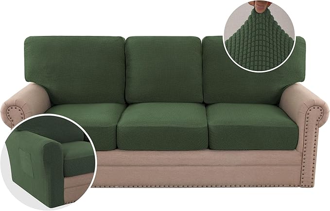H.VERSAILTEX Multi-Pieces Sofa Covers Stretch Couch Covers Form Fitted Seats and Back Cushions Covers (3 Seat Covers Plus 3 Back Cusion Covers, Bonus 2 Armrest Covers), Bronze Green