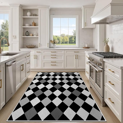 Black and White Rug 6x9, Rhombus Geometric Soft Ultra Soft Faux Wool Low Pile Rug, Indoor Floor Mats Carpet, Non-Slip Stain Resistant Washable Rugs, Modern Abstract Checkered Rugs for Living Room