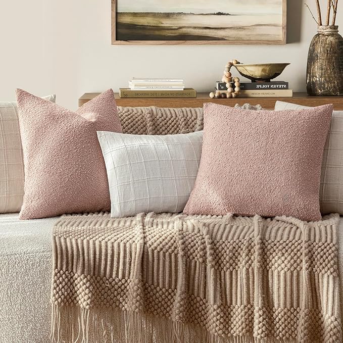 Foindtower Decorative Textured Boucle Throw Pillow Covers Accent Solid Pillow Cases Neutral Soft Cozy Couch Cushion Case for Chair Sofa Bedroom Living Room Home Decor 26x26 Inch,1PC,Light Pink