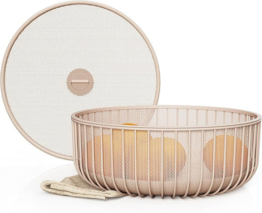 Metal Fruit Bowl with Mesh Lid and Basket - Fruit and Vegetable Holder For Kitchen Counter - Countertop Display Baskets Organizer - Bowl Storage for Veggie, Fruits, Snack, and Banana - Peach